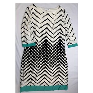 Studio One New York Polka Dot Chevron Shift Dress Green Trim Black White Medium